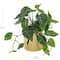 14" Green Faux Foliage Pothos Artificial Plant With Gold Porcelain Pot